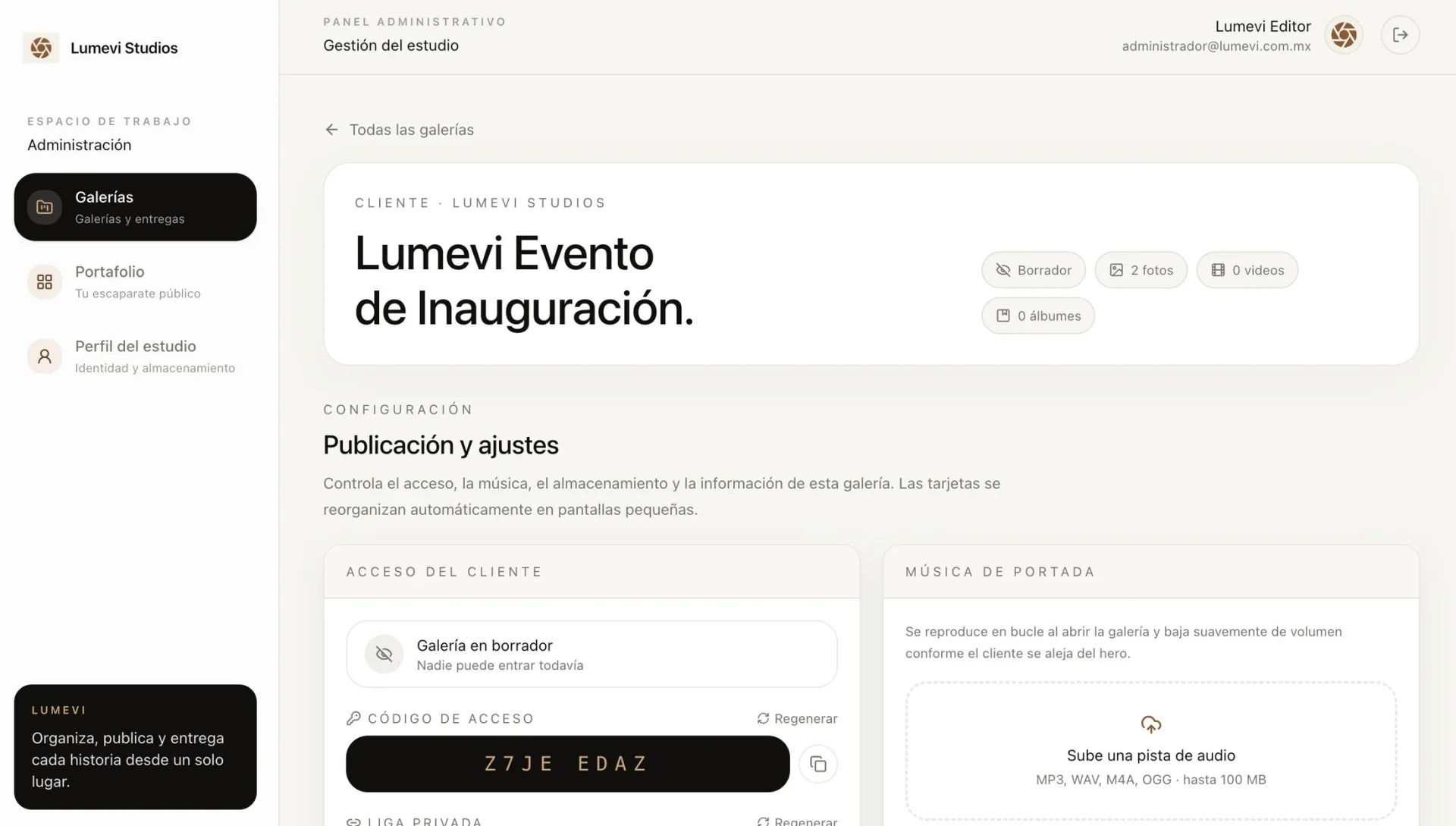 Panel de administración de LUMEVI con la galería de un evento, su código de acceso y la música de portada